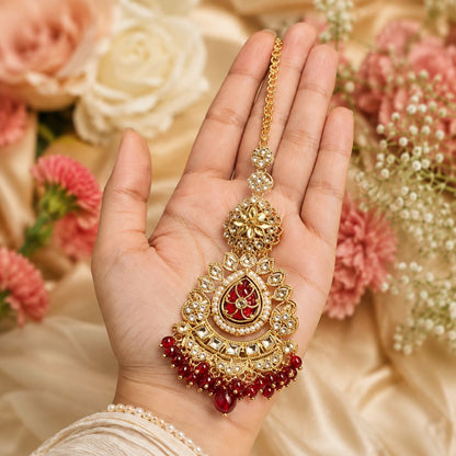 Noor-e-Mahal Teardrop Kundan Teeka - Red 2