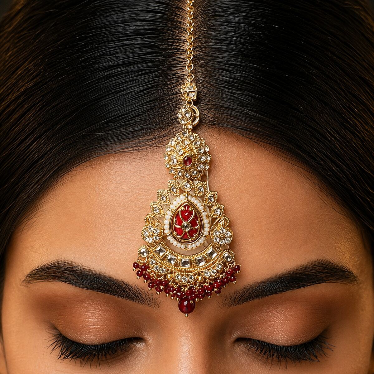 Noor-e-Mahal Teardrop Kundan Teeka - Red 3