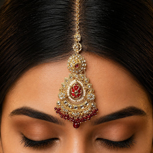 Noor-e-Mahal Teardrop Kundan Teeka - Red 3