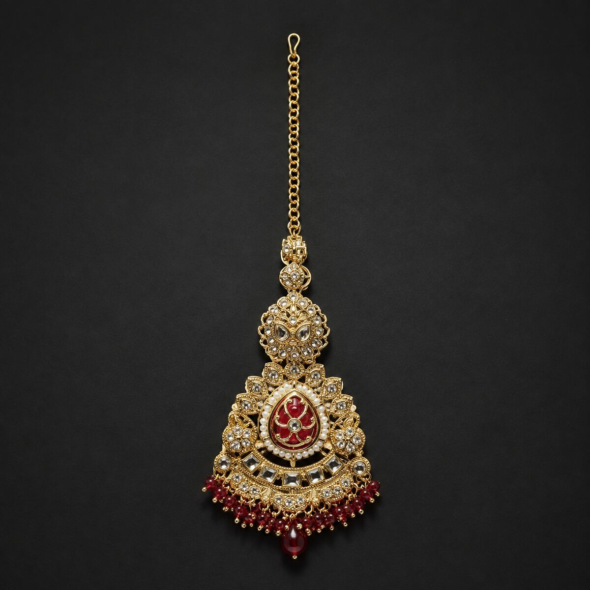 Noor-e-Mahal Teardrop Kundan Teeka - Red 4