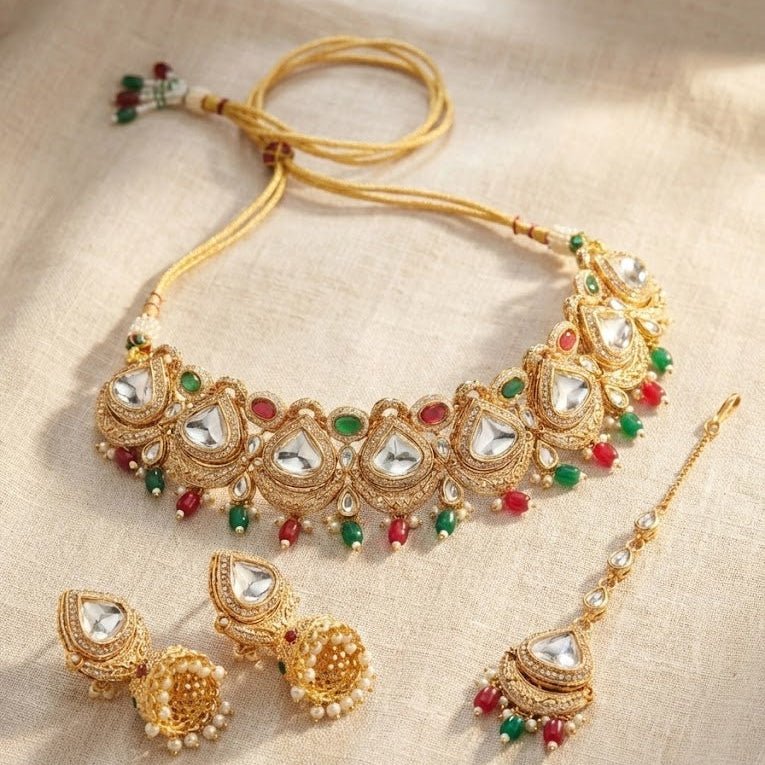 Royal Ambi Kundan Set - Choker Necklace Jhumka Earrings & Tikka - Riwaaj