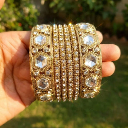 Polki Kundan Kara & Choori Bangle Set – 22K Gold Plated | 6 Pieces | - Riwaaj