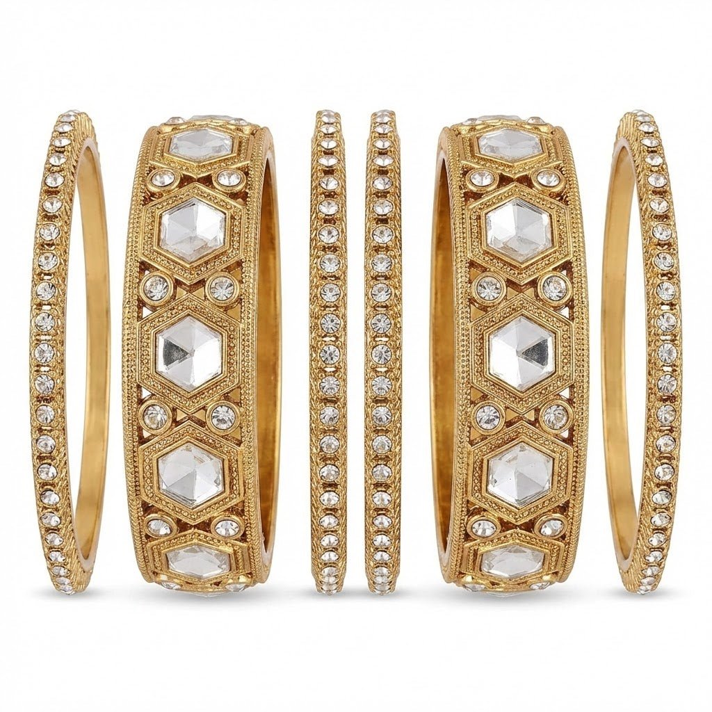 Polki Kundan Kara & Choori Bangle Set – 22K Gold Plated | 6 Pieces | - Riwaaj