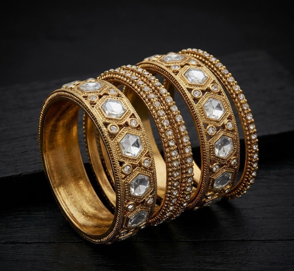 Polki Kundan Kara & Choori Bangle Set – 22K Gold Plated | 6 Pieces | - Riwaaj