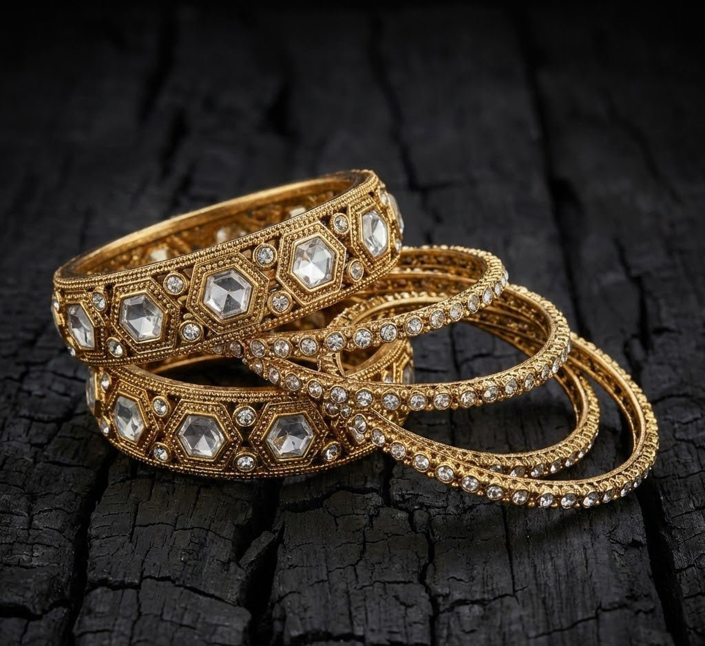 Polki Kundan Kara & Choori Bangle Set – 22K Gold Plated | 6 Pieces | - Riwaaj