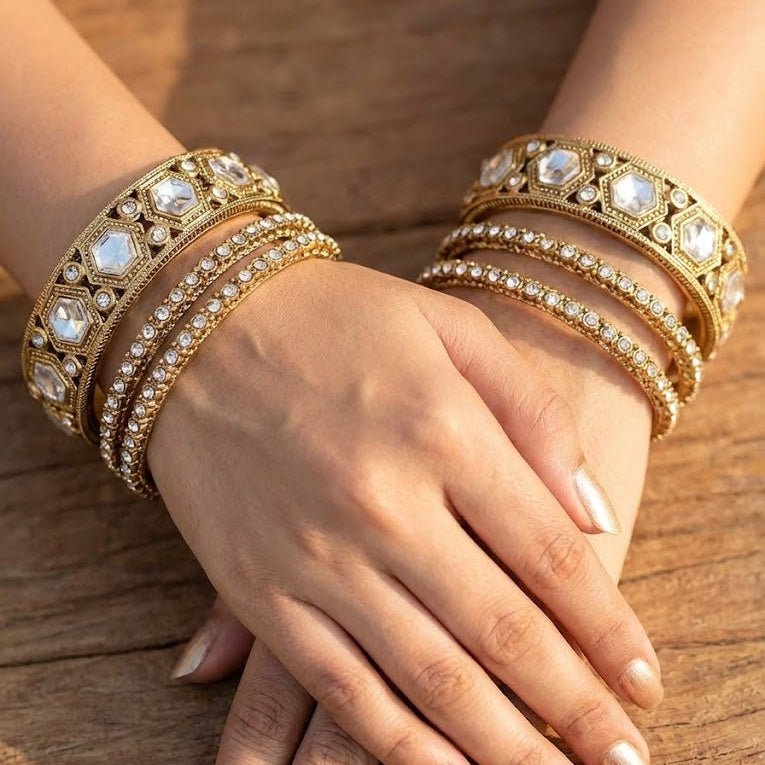 Polki Kundan Kara & Choori Bangle Set – 22K Gold Plated | 6 Pieces | - Riwaaj