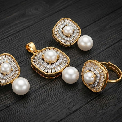 Zirconia Pearl Locket Set - Gold Silver Plated Pendant Earrings Ring