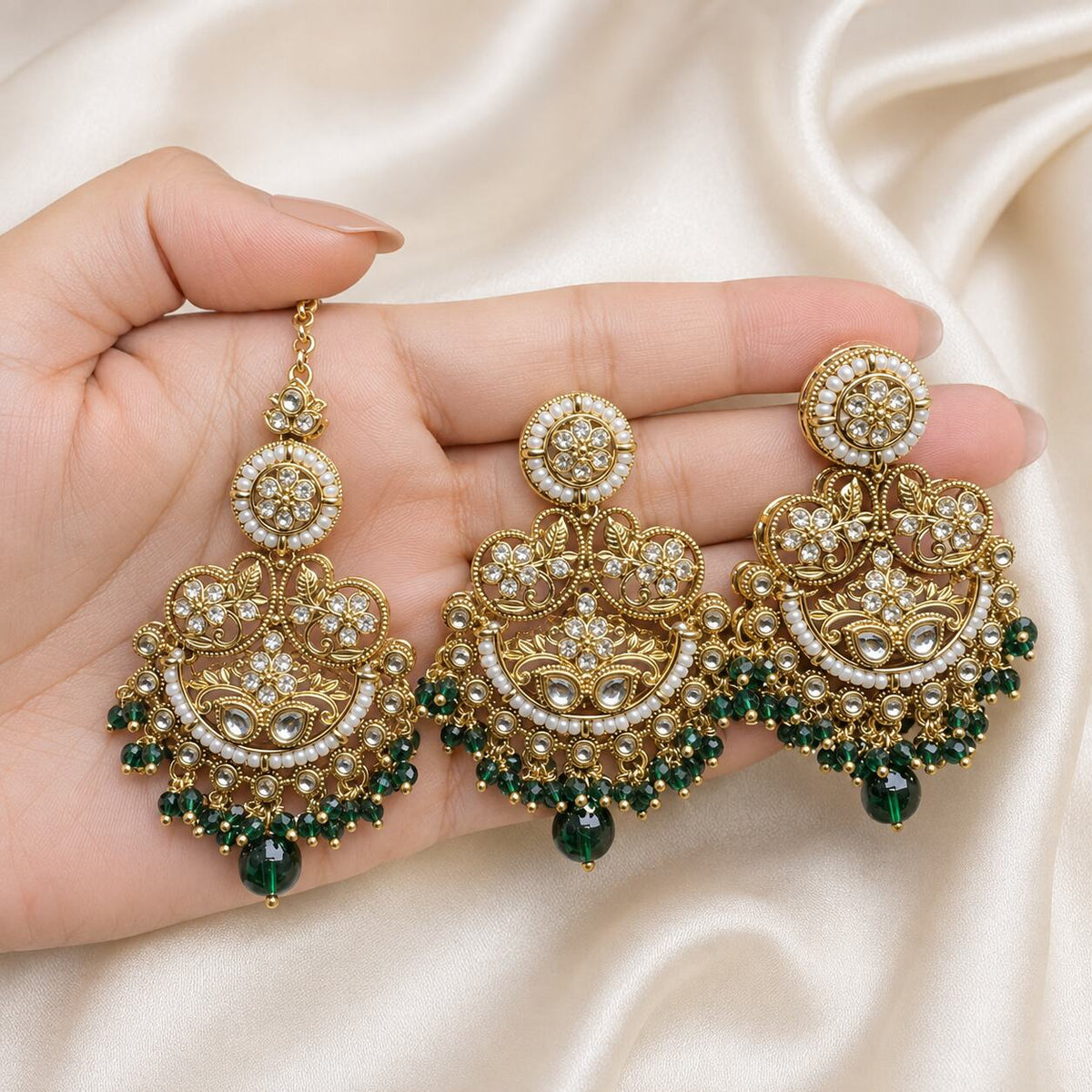 Zeenat Green Gold Filigree Chandbali Earrings and Teeka Set hand-held view