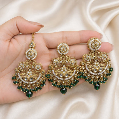 Zeenat Green Gold Filigree Chandbali Earrings and Teeka Set hand-held view