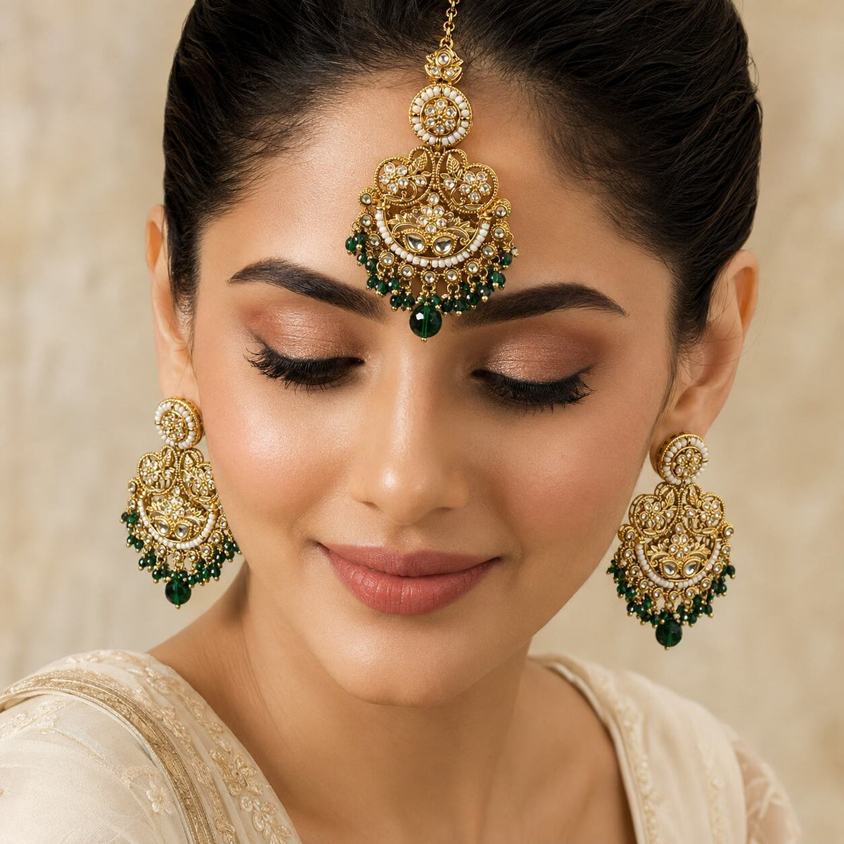 Zeenat Green Gold Filigree Chandbali Earrings and Teeka Set model view