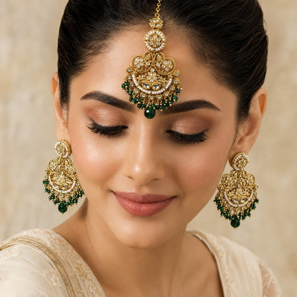 Zeenat Green Gold Filigree Chandbali Earrings and Teeka Set model view