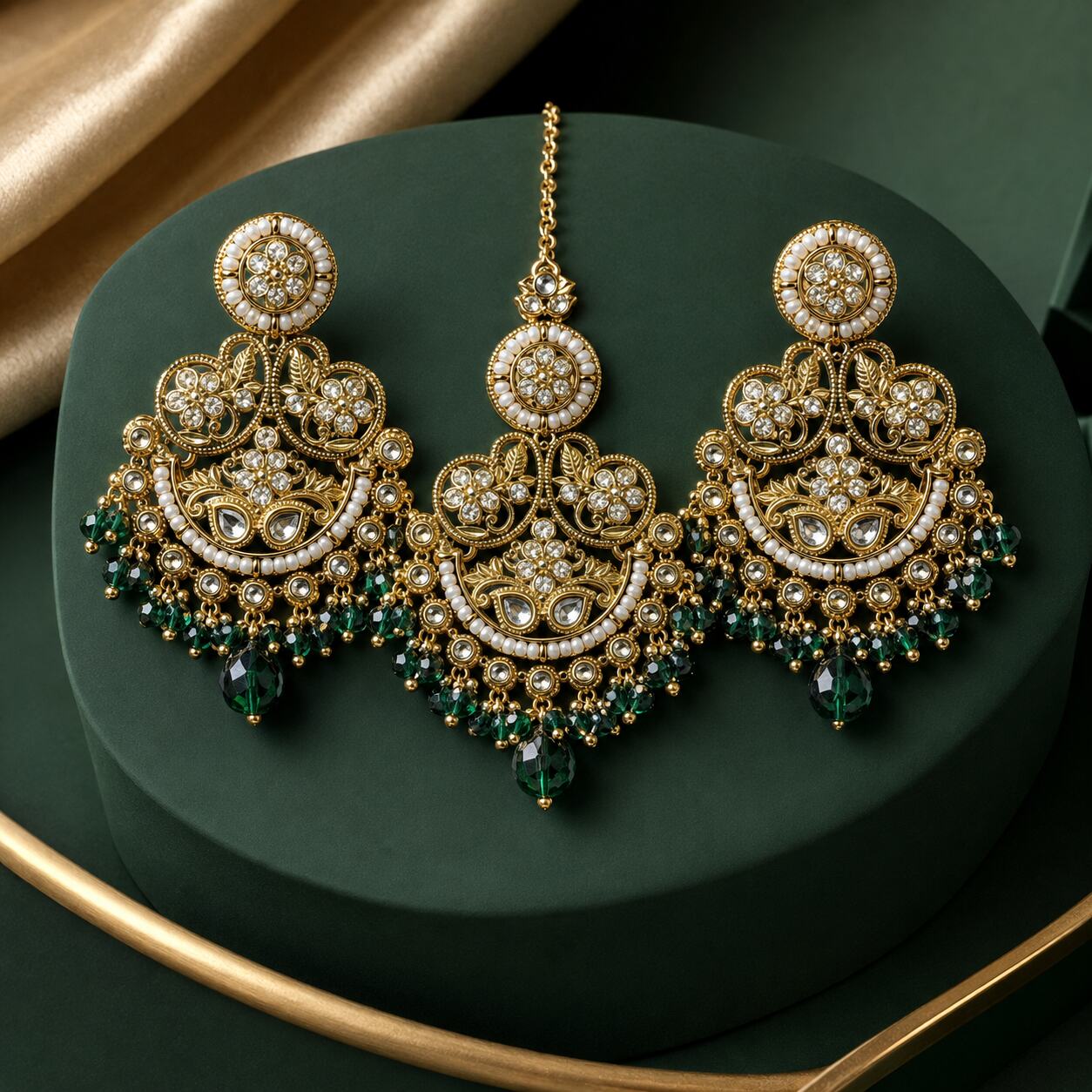 Zeenat Green Gold Filigree Chandbali Earrings and Teeka Set