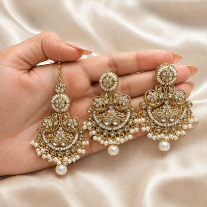Zeenat Pearl Gold Filigree Chandbali Earrings and Teeka Set hand-held view