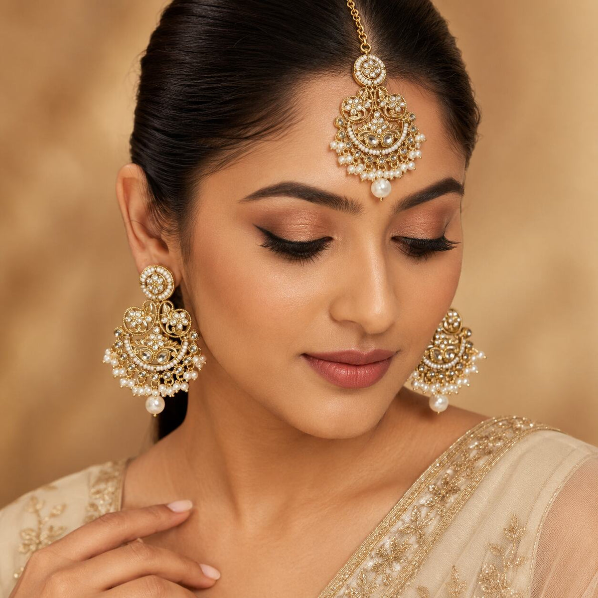 Zeenat Pearl Gold Filigree Chandbali Earrings and Teeka Set model view