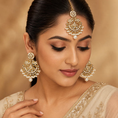 Zeenat Pearl Gold Filigree Chandbali Earrings and Teeka Set model view