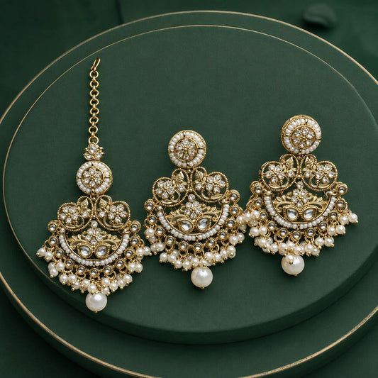Zeenat Pearl Gold Filigree Chandbali Earrings and Teeka Set