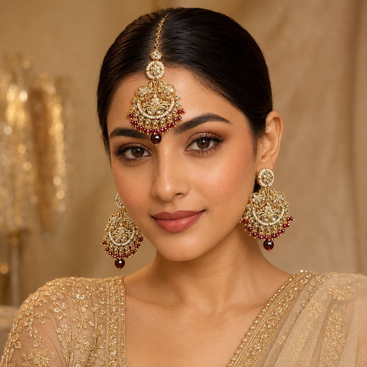 Zeenat Red Gold Filigree Chandbali Earrings and Teeka Set model view