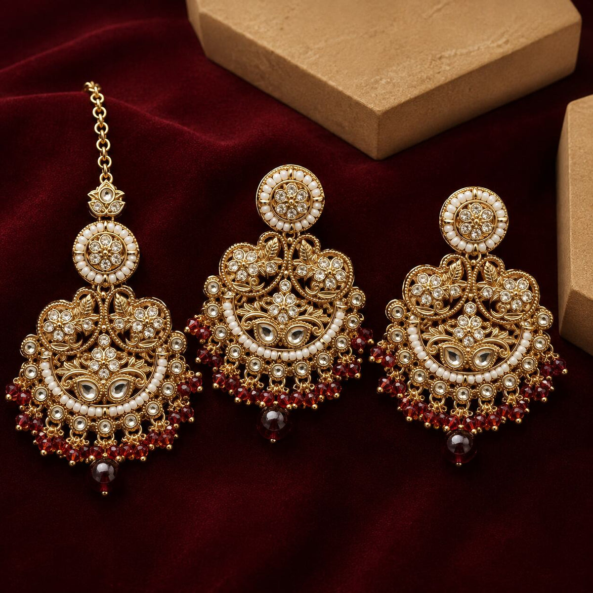 Zeenat Red Gold Filigree Chandbali Earrings and Teeka Set