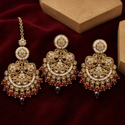 Zeenat Red Gold Filigree Chandbali Earrings and Teeka Set
